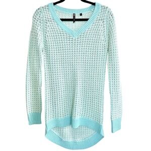 POOF! Womens Size S Open Knit V-Neck Sweater Aqua Blue White Hi-Low Boho Coastal